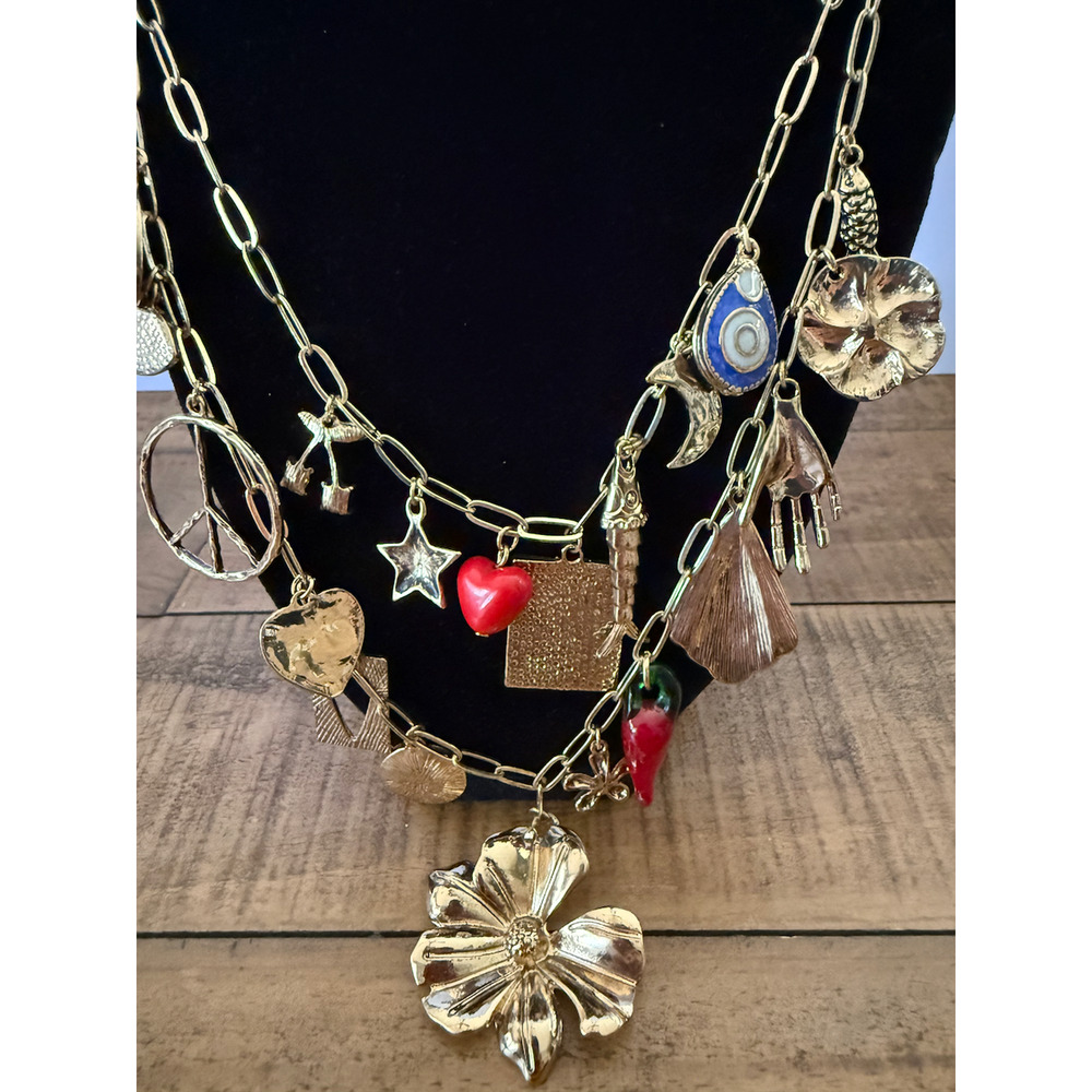 Free People Maxamillion Charm Necklace Flower Heart Evil Eye Gold Tone NWT - Picture 2 of 5